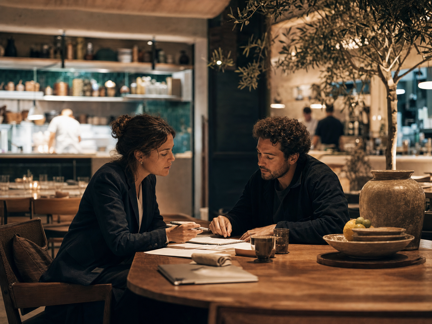 Hospitality operators reviewing the business after service